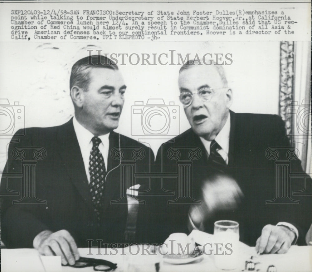 1958 Press Photo Sec. of State John Foster Dulles talking to Herbert Hoover. - Historic Images