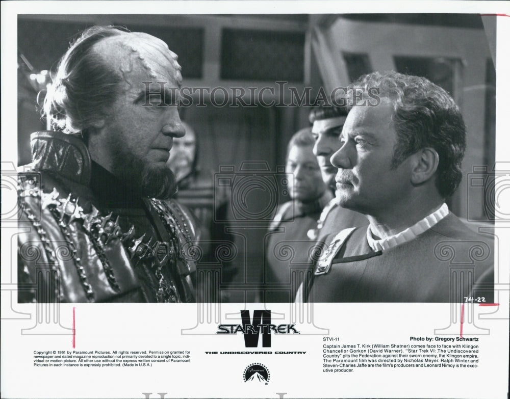 1991 Press Photo Star Trek VI Film William Shatner David Warner Klingon Scene - Historic Images