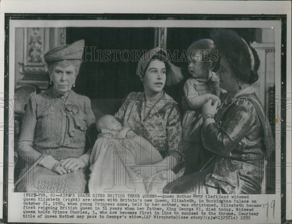 1952 Queen Mother Mary and widowed Queen Elizabeth with new Queen - Historic Images