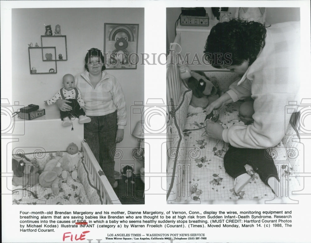 1988 Press Photo Margelony with Sudden Infant-Death Syndrome Monitor Equipment - Historic Images