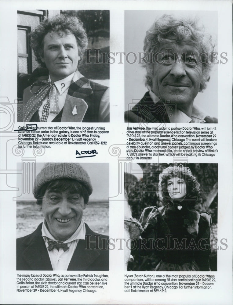 1985 Press Photo Colin Baker, John Pertwee, Patrick Troughton, Sarah Sutton - Historic Images