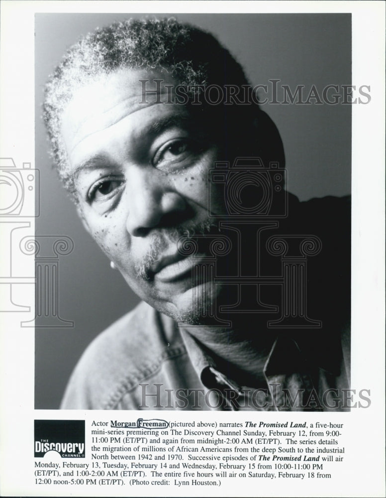 1995 Press Photo Freeman Narrates Discovery Channel &quot;The Promised Land&quot; - Historic Images