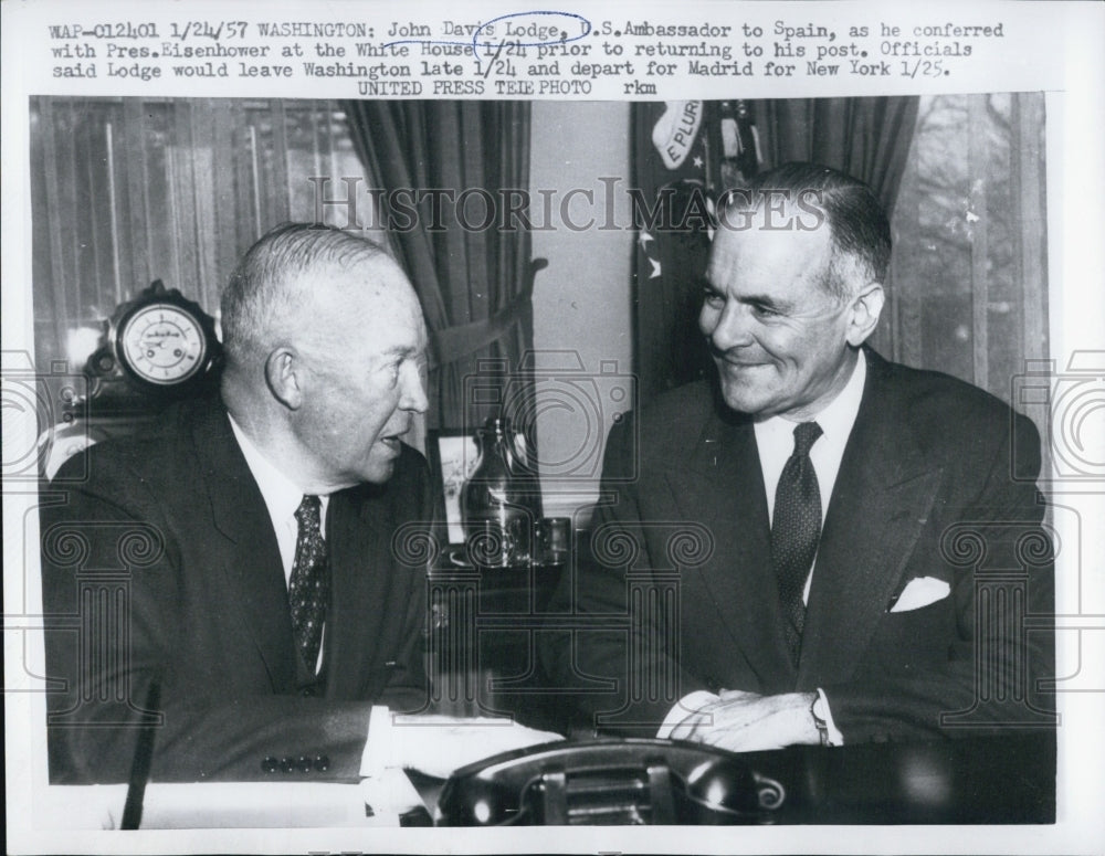 1957 John Lodge Ambassador to Spain confers with Pres Eisenhower - Historic Images