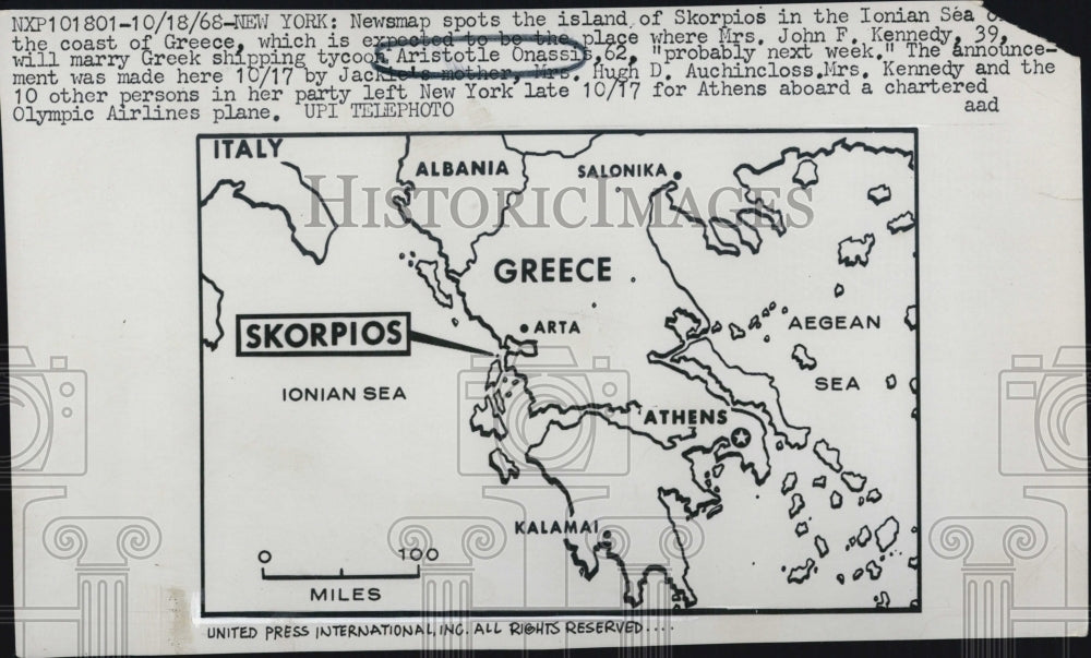 1968 map island Skorpios Mrs. Kennedy marry Aristotle Onassis - Historic Images