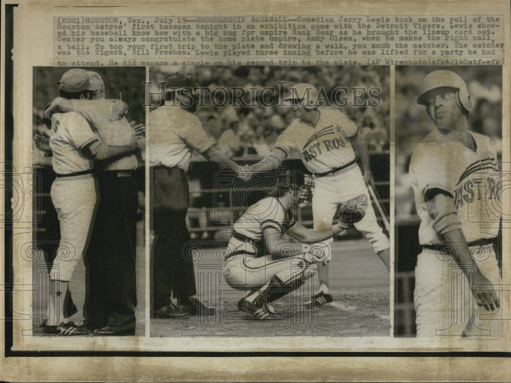 1973 comedian Jerry Lewis umpire Andy Olsen Detroit Tigers Houston - Historic Images