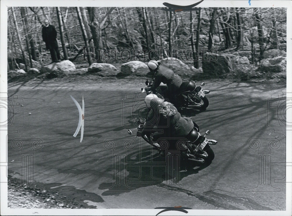 1970 Two Motorcyclists Ride On A Curvy Country Road. - Historic Images