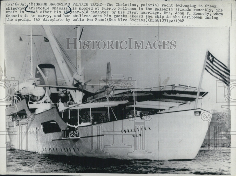 1968 Press Photo Aristotle Onassis Private Yacht Christina Jackie Kennedy - Historic Images