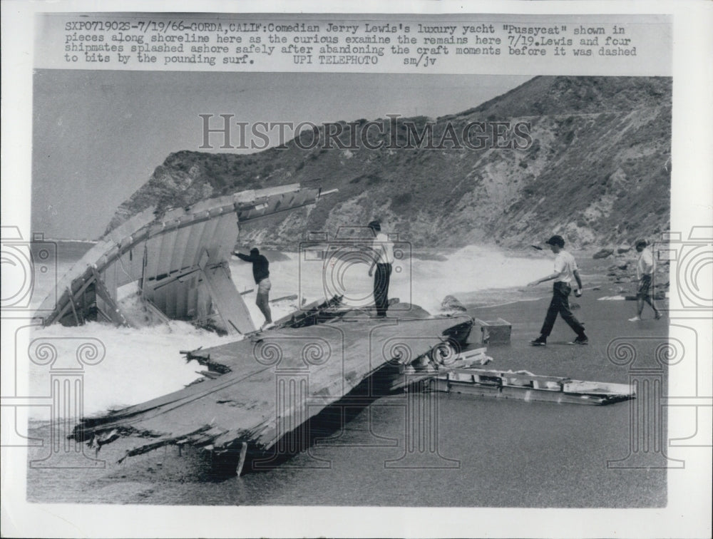 1966 Jerry Lewis's yacht dashed to bits by the surf no one was hurt. - Historic Images