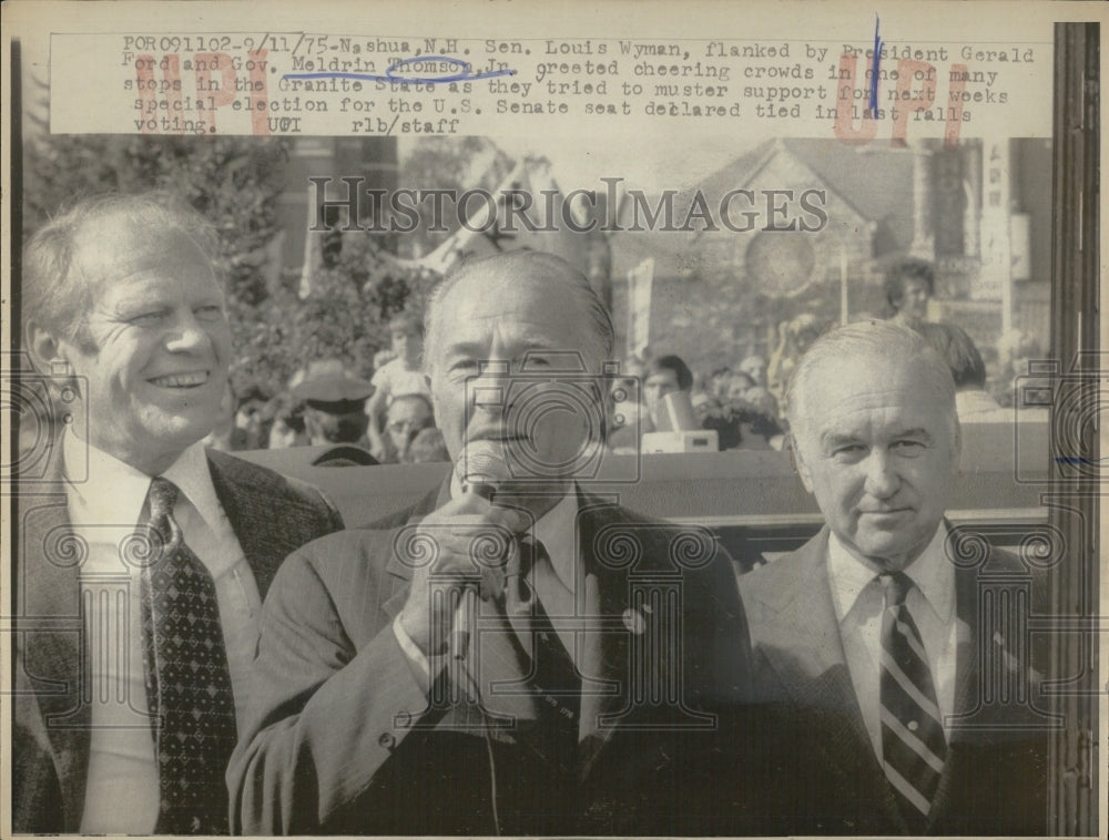 1975 Press Photo Pres. Gerald Ford, Sen. Louis Wyman, and Gov. Meldrin Thomson - Historic Images