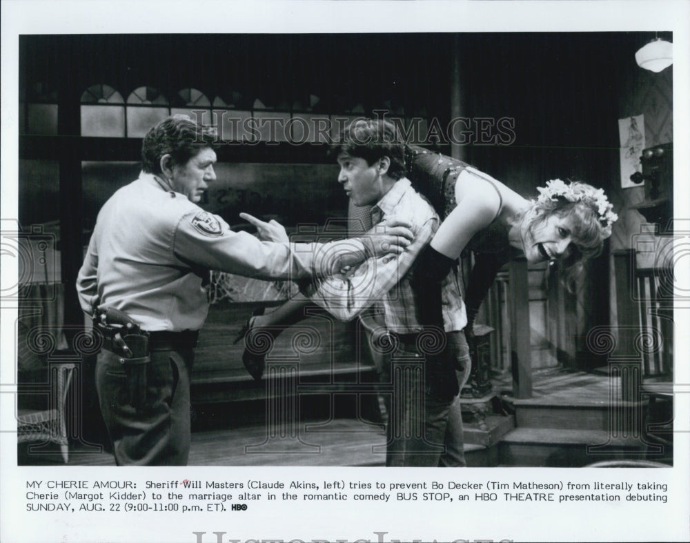 1983 Press Photo Tim Matheson Claude Akins, Margot Kidder in &quot;Bus Stop&quot; - Historic Images