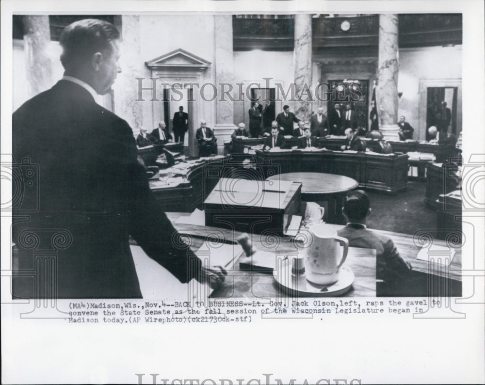 1963 Lt Gov Jack Olson raps the gavel to convene the state senate - Historic Images