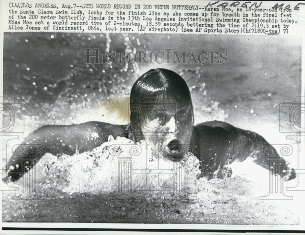 1971 Sets world record in 200 meter butterfly by Karen Moe - Historic Images