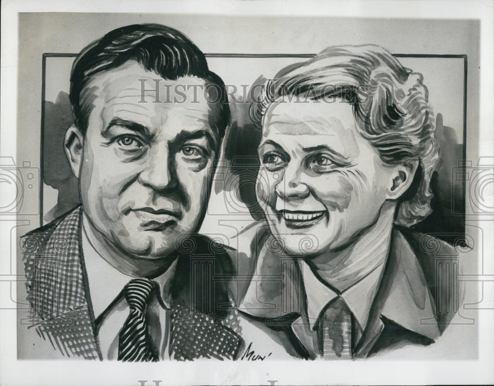 1950 Press Photo Drawing Of United Nations Couple, Gunnar Myrdal Wife, Alva - Historic Images