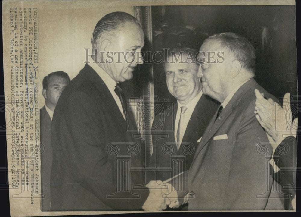 1966 Press Photo J Edgar Hoover FBI Director President Johnson James Webb - Historic Images