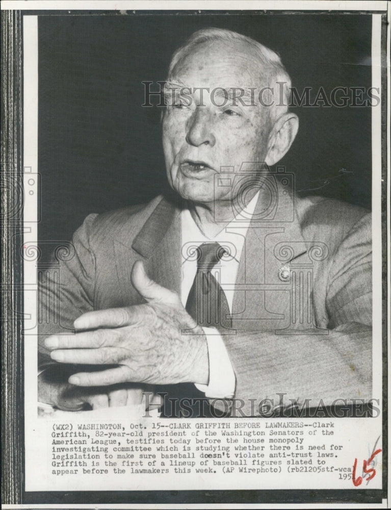 1951 Clark Griffith, President Of Washington Senators Baseball Team - Historic Images