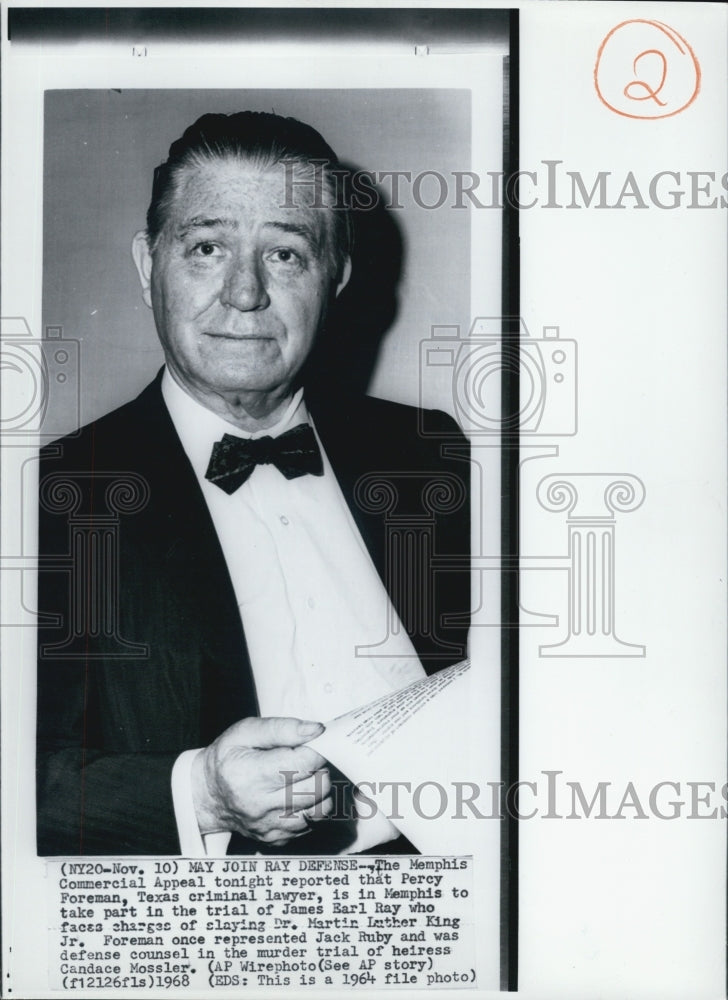 1968 Press Photo Percy Foreman/Lawyer/James Earl Ray Trial/Martin Luther King - Historic Images