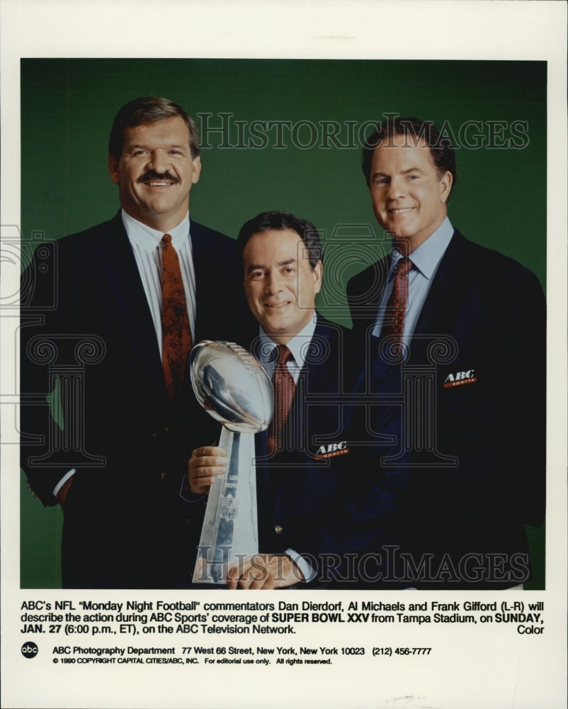 1990 Press Photo Dan Dierdorf Al Michaels Frank Gifford Sportscasters - Historic Images