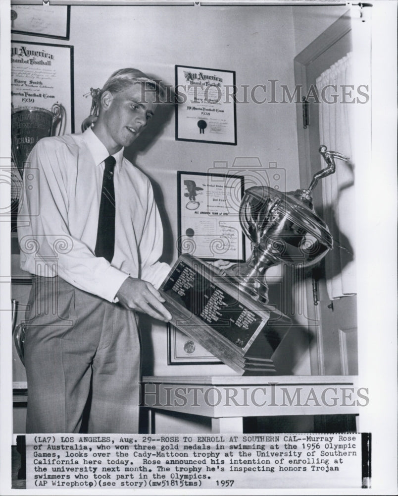 1957 Murray Rose Examines Cady-Mattoon Trophy At Southern Cal. State - Historic Images