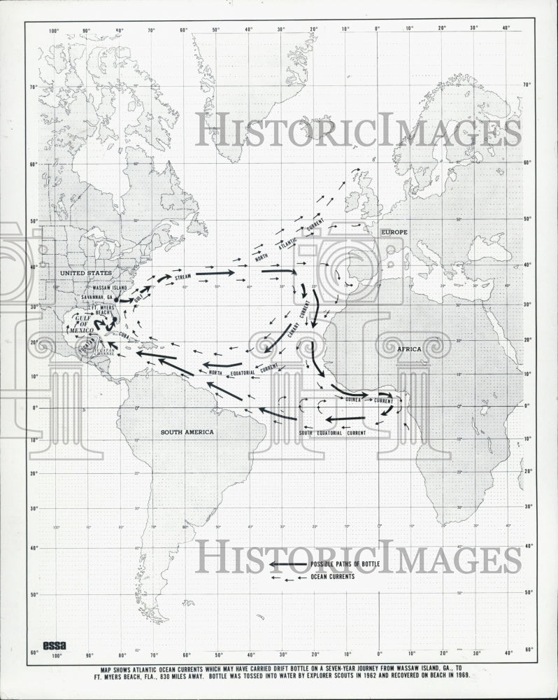 1973 Press Photo map Atlantic Ocean drift bottle Georgia Florida - Historic Images