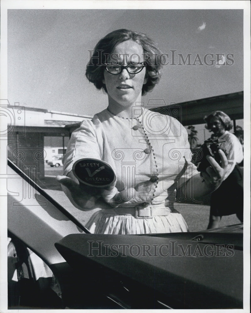 1965 Members Anchor Club girls service club car safety check Janet - Historic Images