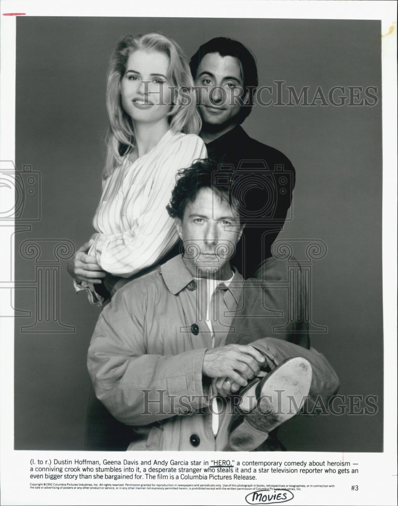 1992 Press Photo Dustin Hoffman/Geen Davis/Andy Garcia In &quot;Hero&quot; - Historic Images