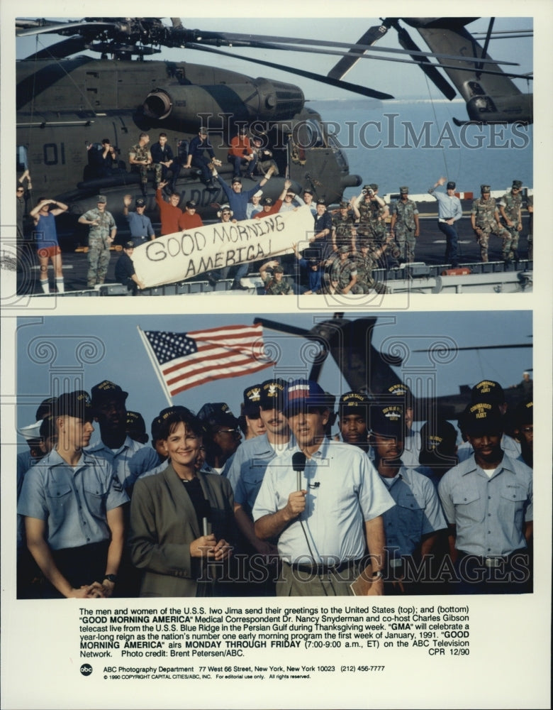 1990 Press Photo Dr. Nancy Snyderman &amp; Charles Gibson on &quot;Godd Morning America.&quot; - Historic Images