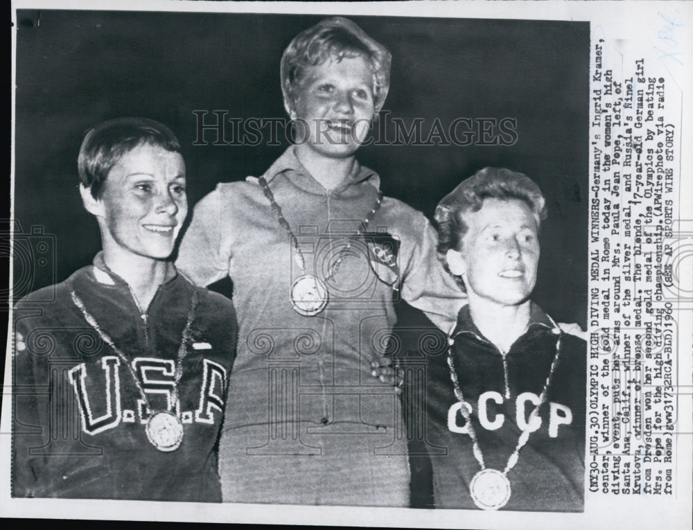 1960 Ingrid Kramer Gold Olympic High Diving Paula Jean Pope Silver - Historic Images