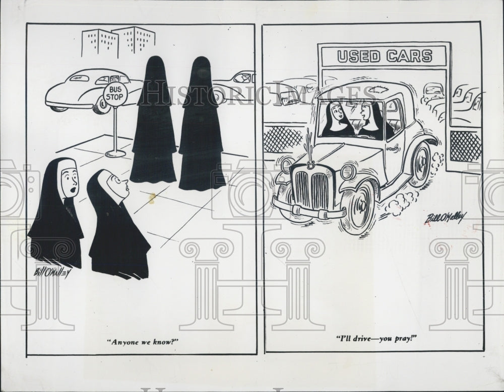 1951 Press Photo Bill O&#39;Malley&#39;s Cartoon About Nun&#39;s Driving - Historic Images