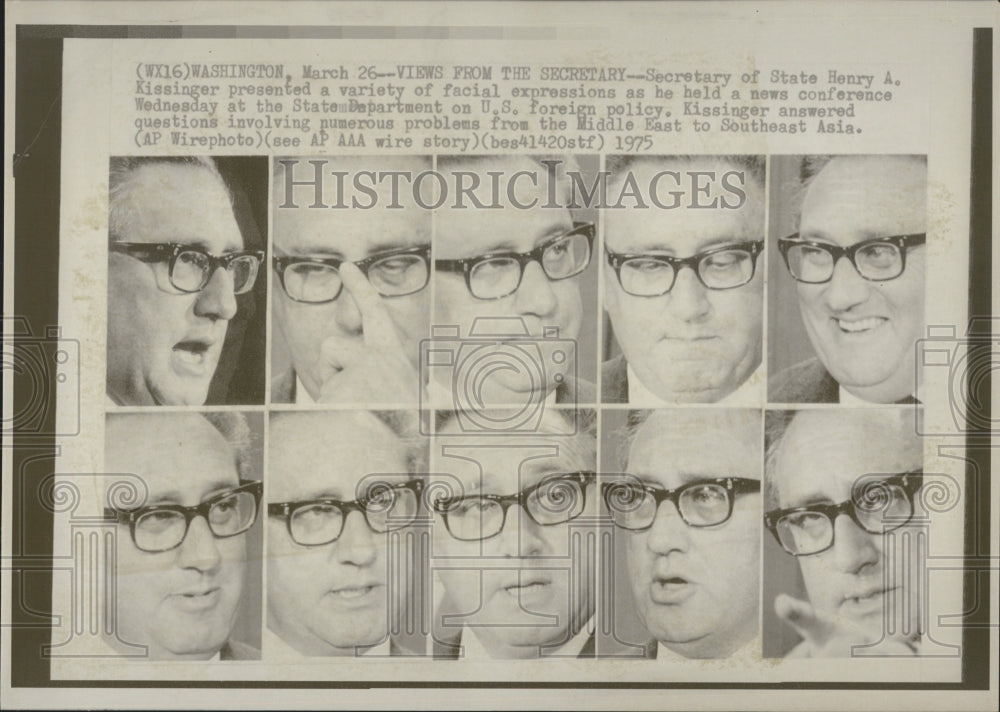 1975 Press Photo Many Facial Expressions Of Secretary Of State Henry Kissinger - Historic Images