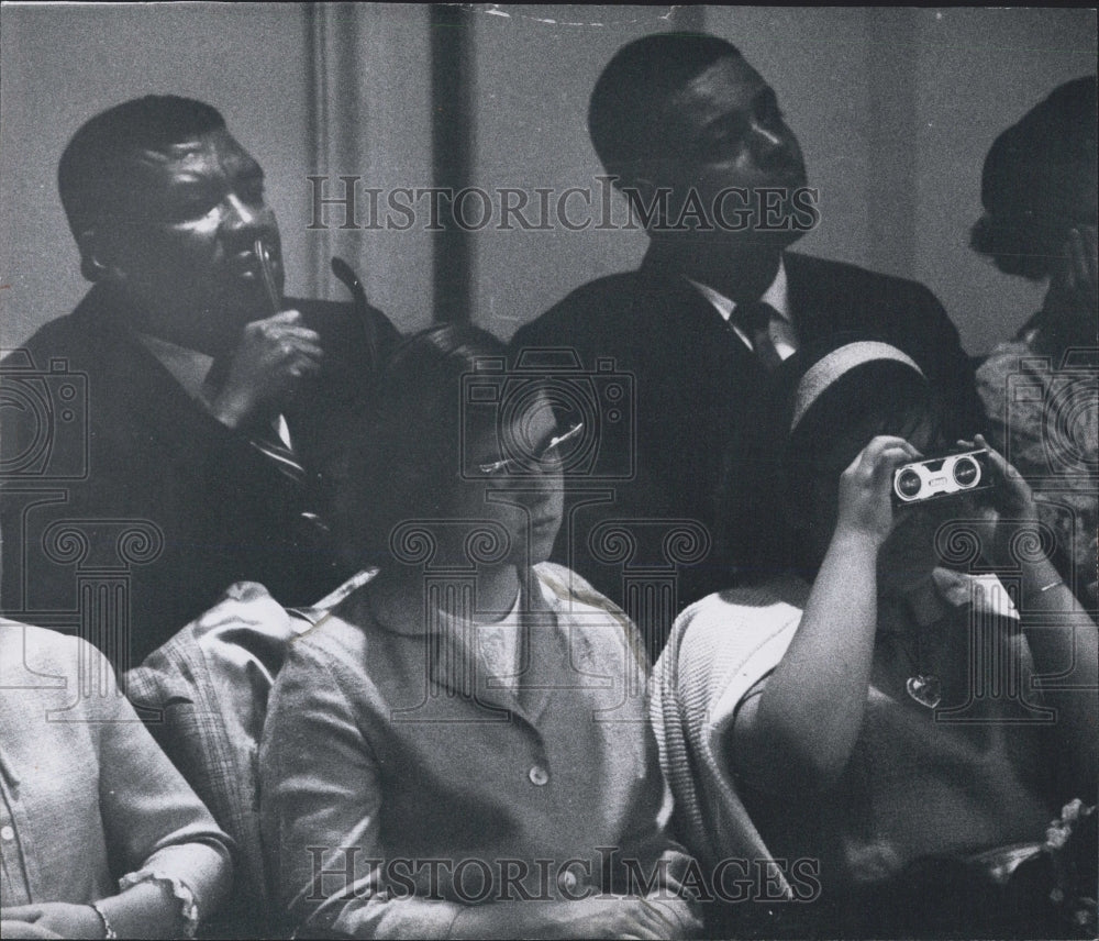 1967 People Watching School Band Performance Girl With Binoculars - Historic Images