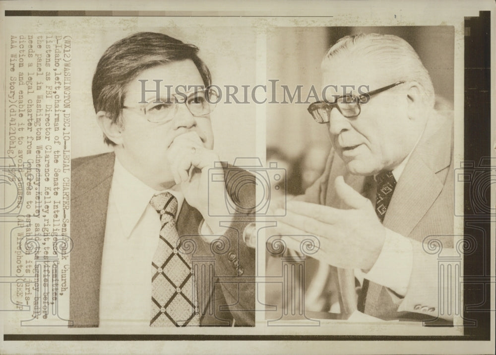 1975 Sen. Frank Church listens to FBI director Clarence Kelley - Historic Images