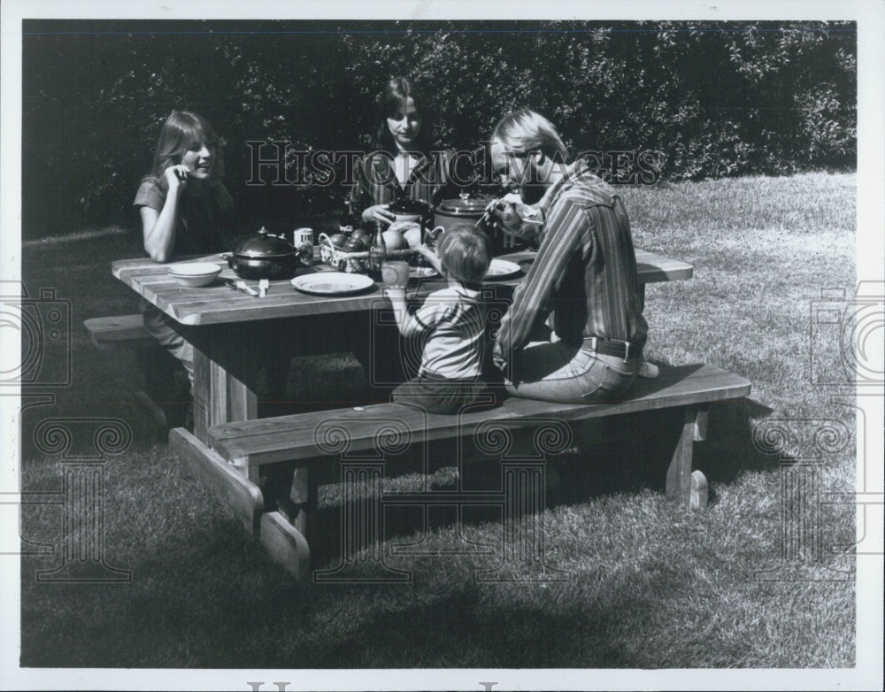 1980 Press Photo Backyard Family Picnic Outdoors Classic 80&#39;s Black &amp; White - Historic Images
