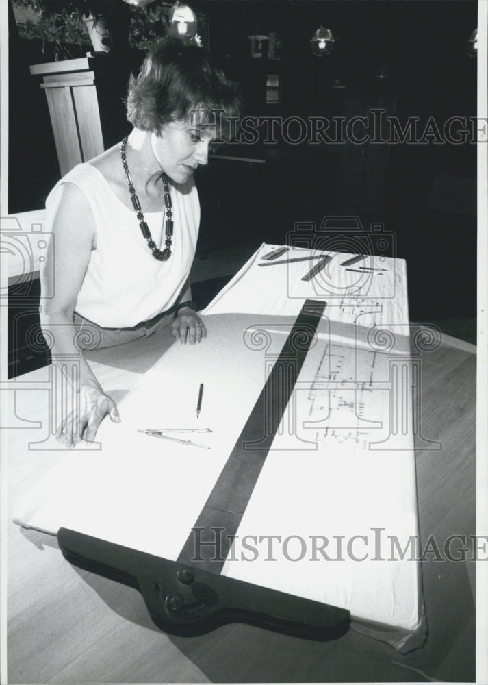 1990 Press Photo Fran Martone in the room of architect Frank Lloyd Wright studio - Historic Images