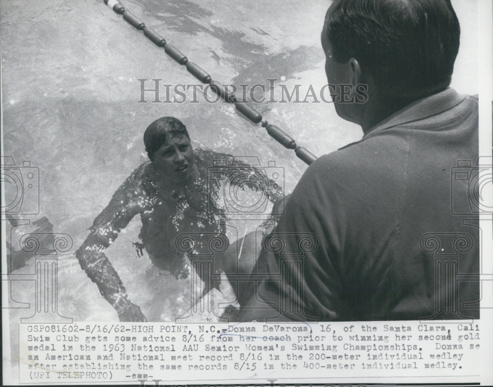 1962 Donna DeVarona Gets Advice From Coach Before Winning 2nd Gold - Historic Images