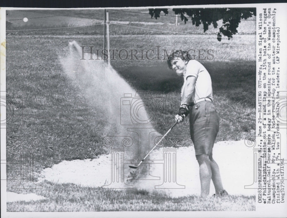 1961 Helen Sigel Wilson blasting out of sand trap at Women&#39;s Open - Historic Images