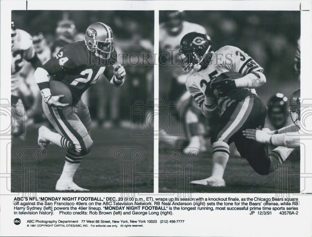 1991 Press Photo Bears RB Neal Anderson, 49er RB Harry Sydney - Historic Images