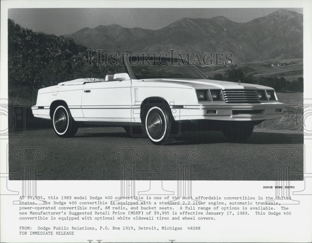 1983 Press Photo Dodge 400 Convertible 2.2 Liter Engine White Sidewall Tires - Historic Images