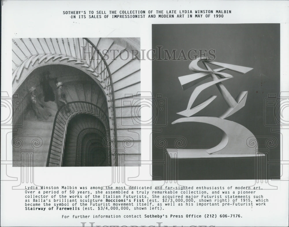 1990 Press Photo Art Sculptures &quot;Boccioni&#39;s Fist&quot; And &quot;Stairway Of Farewells&quot; - Historic Images