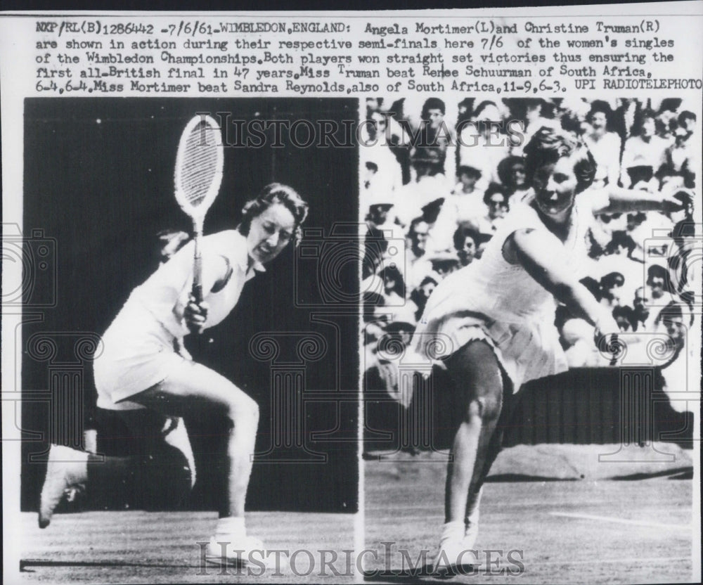 1961 Angela Mortimer &amp; Christine Truman in action at Championship - Historic Images