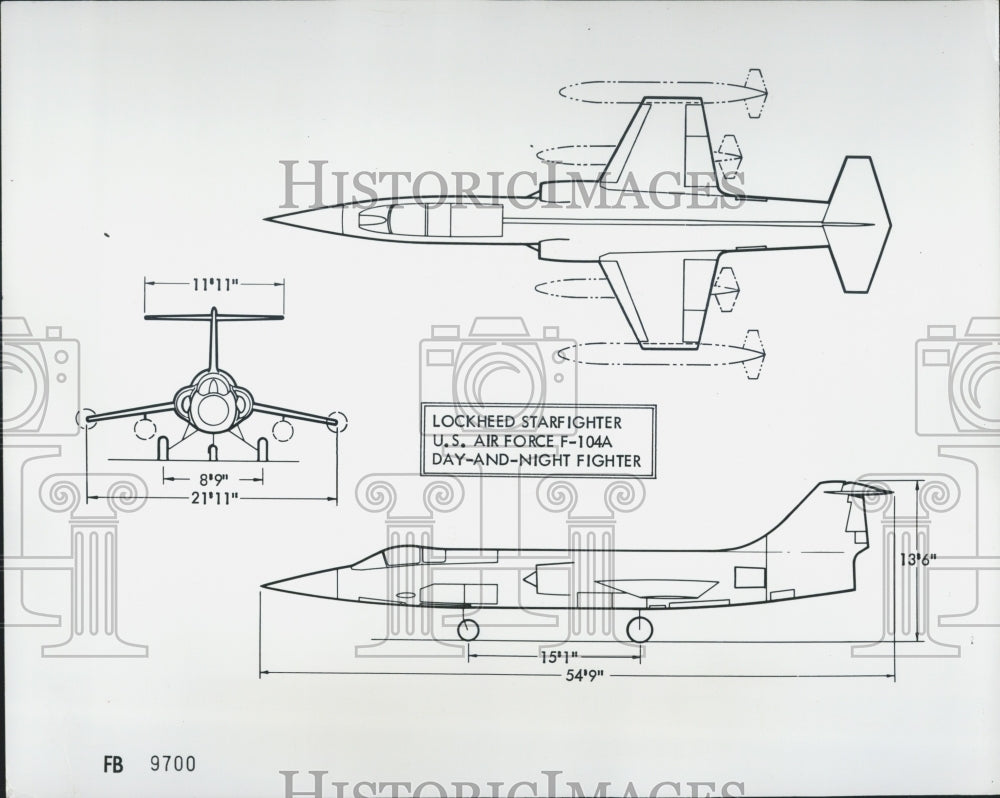 Press Photo Three View Drawing of Lockhead&#39;s F-1044 Starfighter - Historic Images