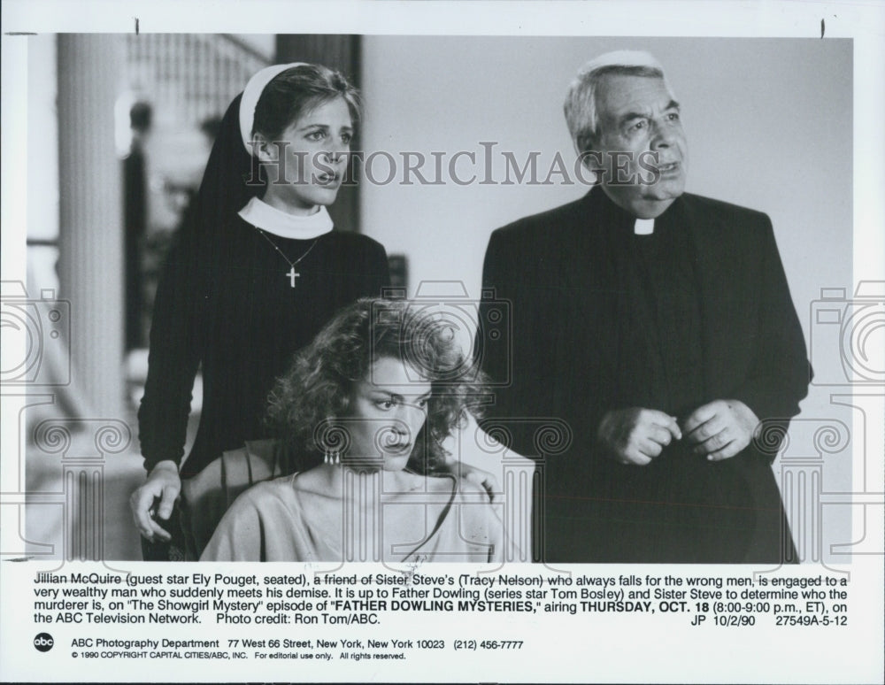 1990 Press Photo E.Pouget,T.Nelson,T.Bosley Episode Of "Father Dowling Mystery" - Historic Images