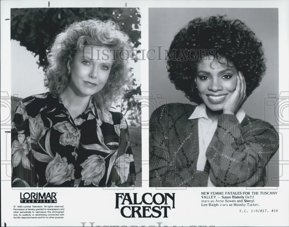 1990 Press Photo Actors Susan Blakely And Sheryl Lee Ralph In &quot;Falcon Crest&quot; - Historic Images