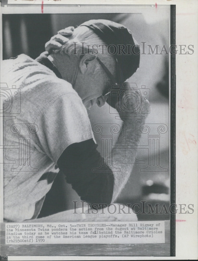 1958 Twins Mgr Bill Rigney in Quiet Contemplation Over Orioles Game - Historic Images