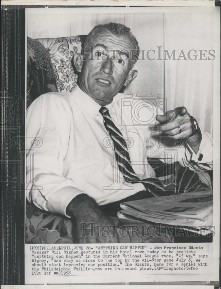 1958 Press Photo Bil Rigney Says Anything Can Happen In League Race-Philadelphia - Historic Images