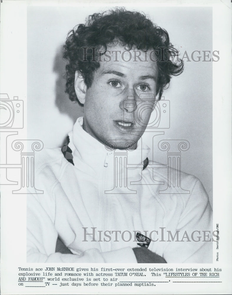 1985 Press Photo Tennis Ace John McEnroe Interview On Romance With Tatum O'Neal - Historic Images