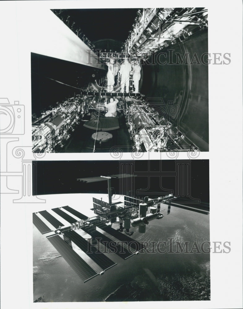 Press Photo Boeing in Space and Technicians working on a Boeing - Historic Images