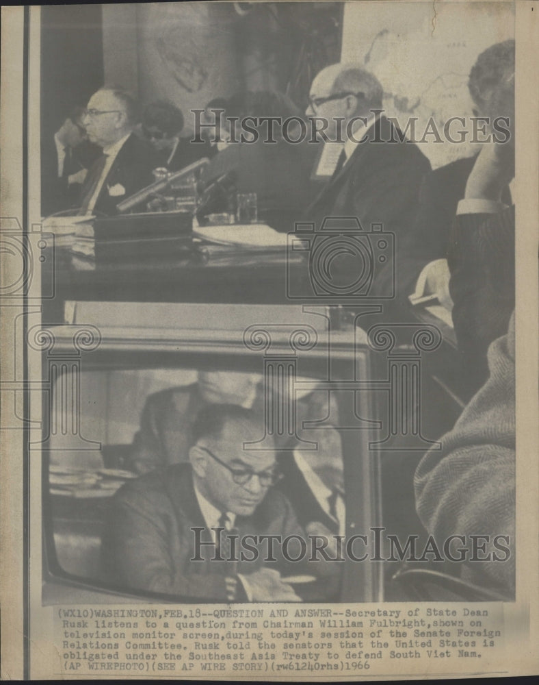 1966 Press Photo Secretary State Dean Rusk Question Chairman William Fulbright - Historic Images