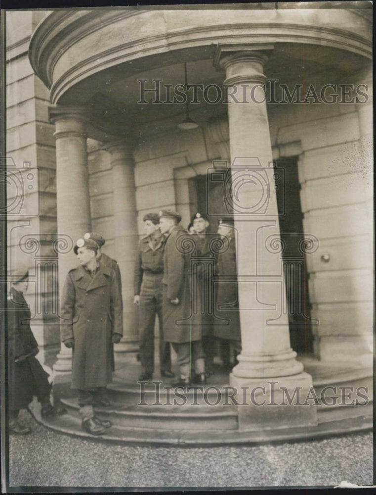 Press Photo Officials Stand at Door of Stone Building - Historic Images