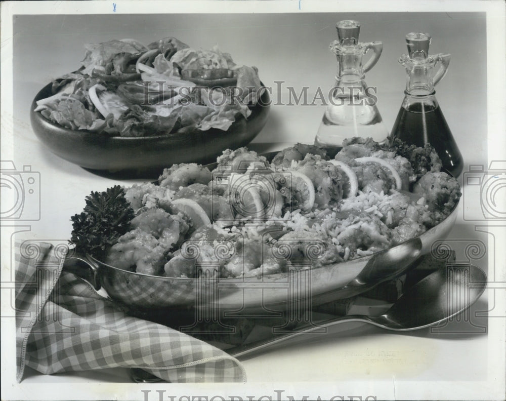 1970 Stuffed Shrimp With Pimento Rice In A Silver Dish And Salad - Historic Images