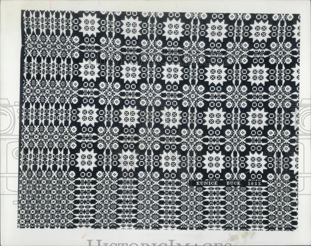 1967 Decorative hand woven coverlets at Art Institute of Chicago. - Historic Images